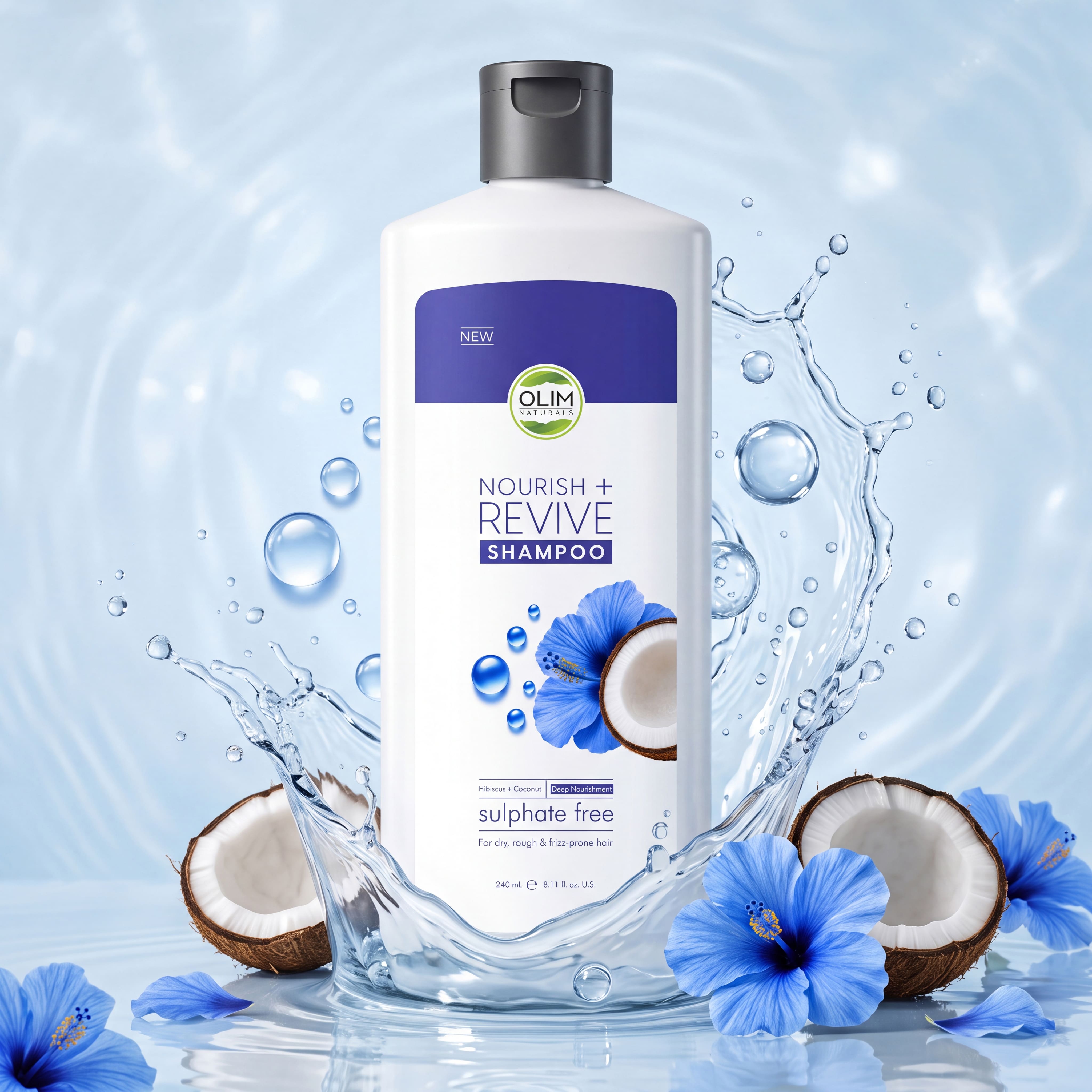 Olim Naturals Nourish + Revive Shampoo – Sulphate Free Shampoo for Dry, Frizzy & Damaged Hair | Coconut Oil & Hibiscus Extract