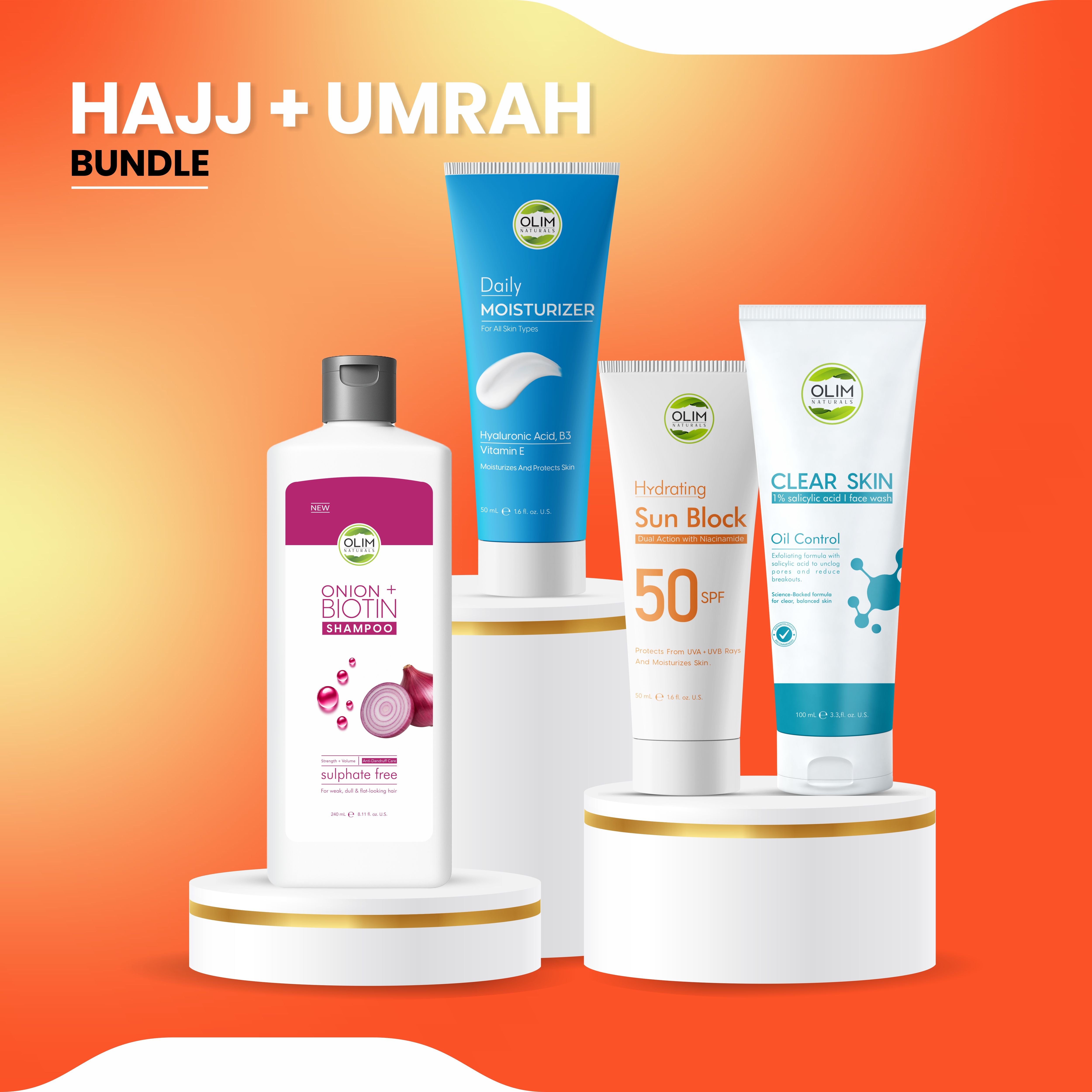 Olim Naturals Hajj & Umrah Care Kit – Complete Travel Skincare & Haircare Bundle (Face Wash, Moisturizer, Shampoo & SPF 50 Sunblock)