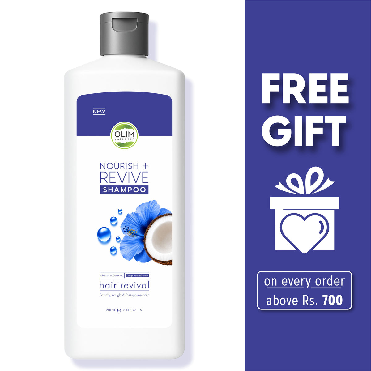 Olim Naturals Nourish + Revive Shampoo – Sulphate Free Shampoo for Dry, Frizzy & Damaged Hair | Coconut Oil & Hibiscus Extract