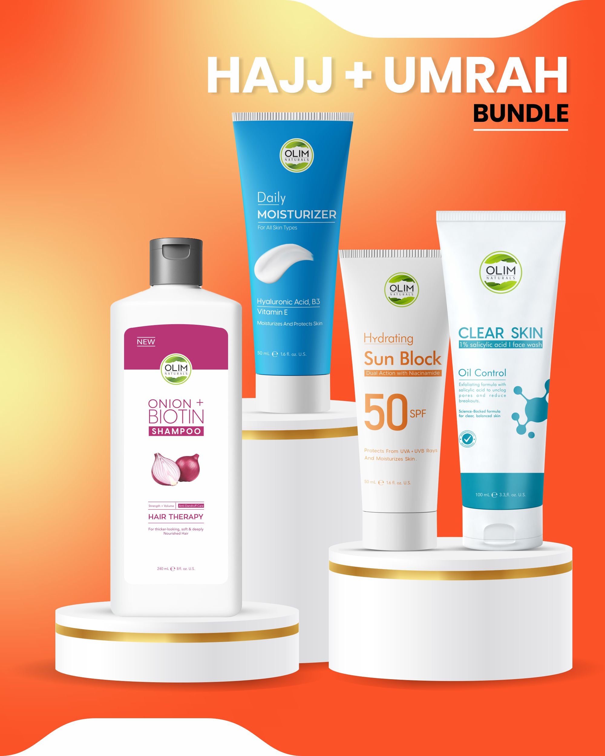 Olim Naturals Hajj & Umrah Care Kit – Complete Travel Skincare & Haircare Bundle (Face Wash, Moisturizer, Shampoo & SPF 50 Sunblock)
