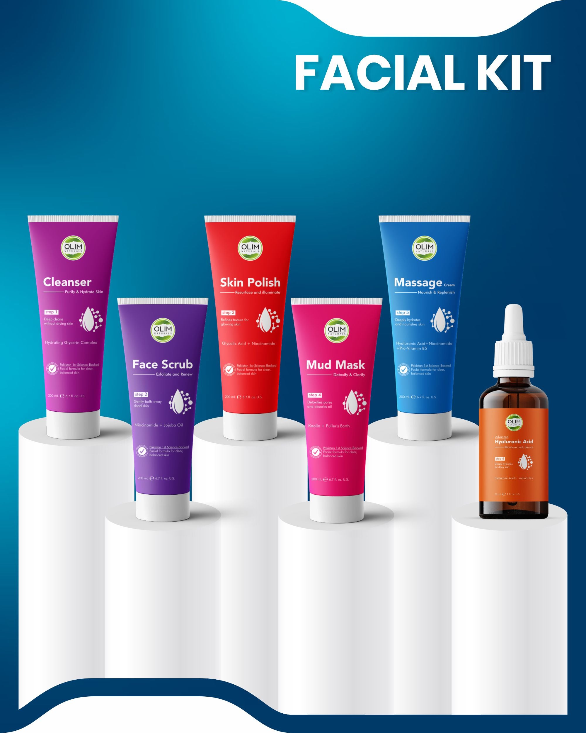 Olim Naturals 6-Step Facial Kit – Complete Brightening, Hydration & Glow System for Dull, Uneven Skin
